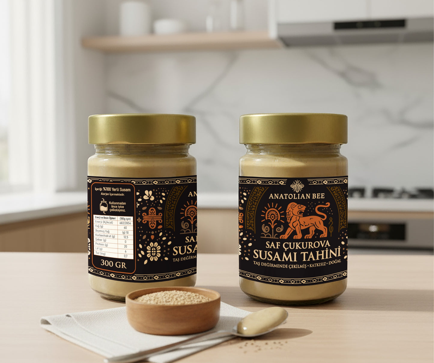 Anatolian Bee Çukurova susamından üretilmiş 300 gram taş değirmen tahini – katkısız, doğal, taze tahin kavanozu