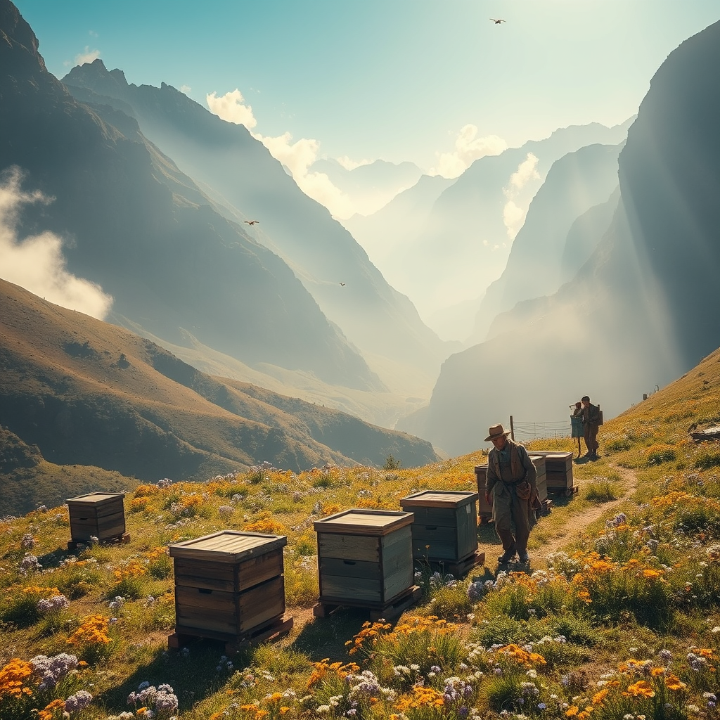Traditional honey harvesting in the Eastern Anatolian highlands – beekeeper collecting raw endemic wildflower honey surrounded by nature